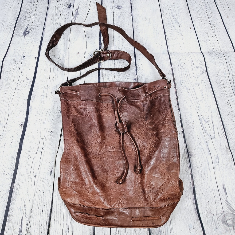 Brown Leather Drawstring Shoulder Bag
